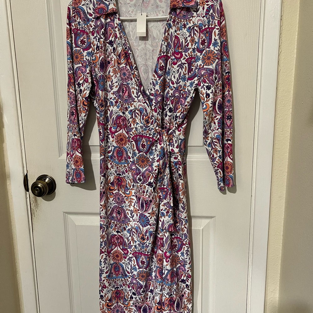 Talbots Pink and Purple Long Sleeve Wrap Dress